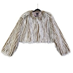 Runway 7 Womens Faux Fur Cropped Jacket Size 3X Tan White Shaggy Bolero Coat